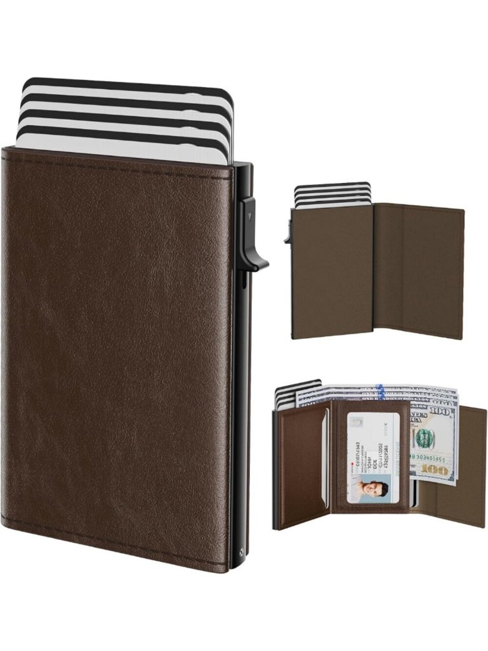 Slim RFID Blocking Wallet | Genuine Leather Card Holder | Pop Up Aluminum Case
